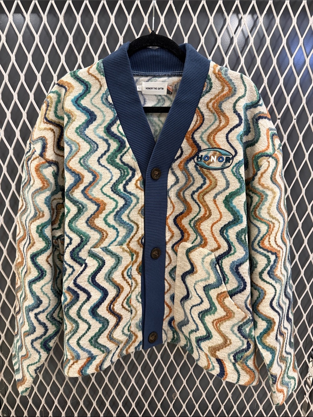 HONOR Men's Multicolor Wave Knit Cardigan in Blue Trim